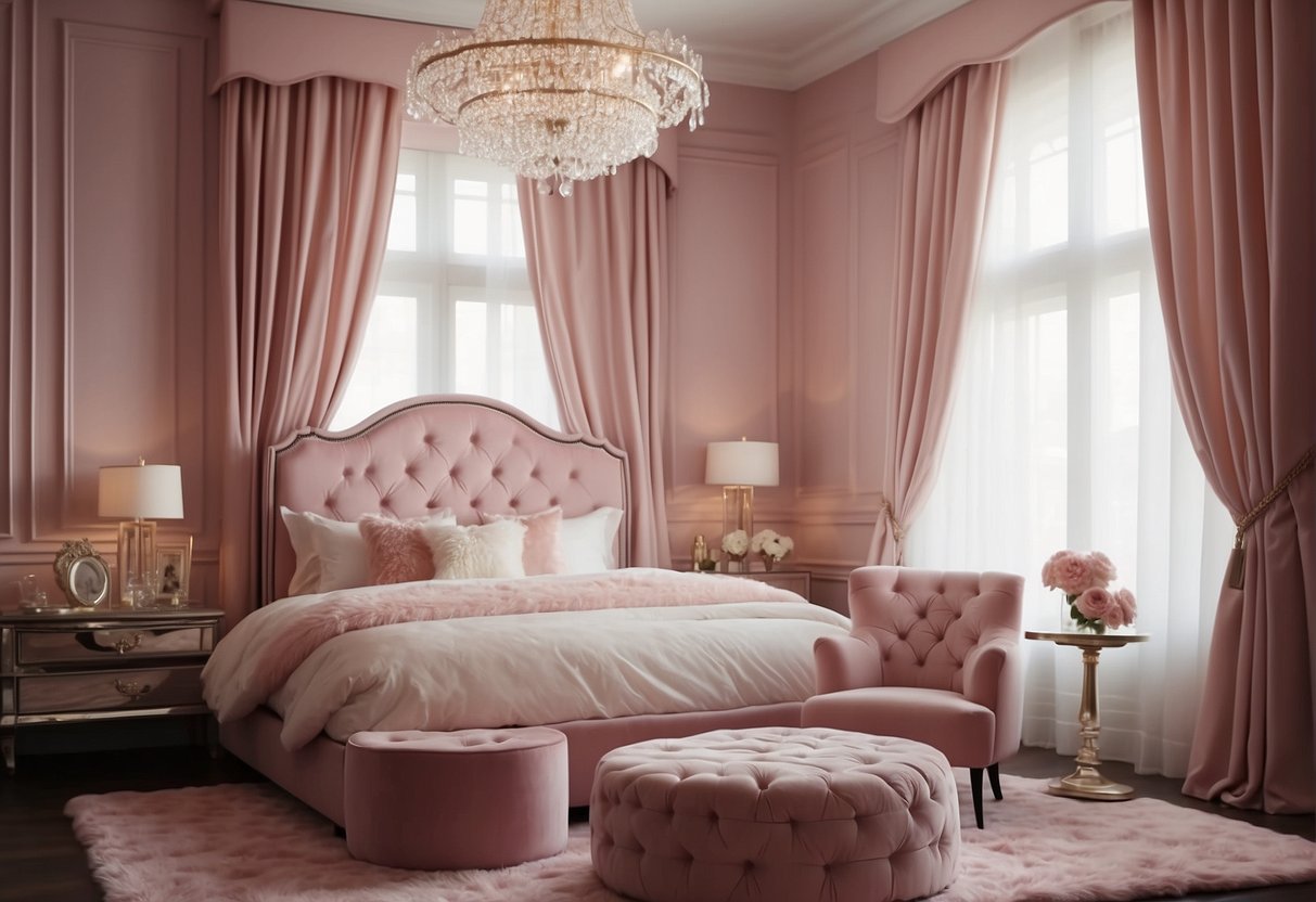 A pink bedroom with a plush, tufted headboard, flowing curtains, and a chandelier. A cozy reading nook with a fluffy rug and a vanity table with a mirrored tray of cosmetics
