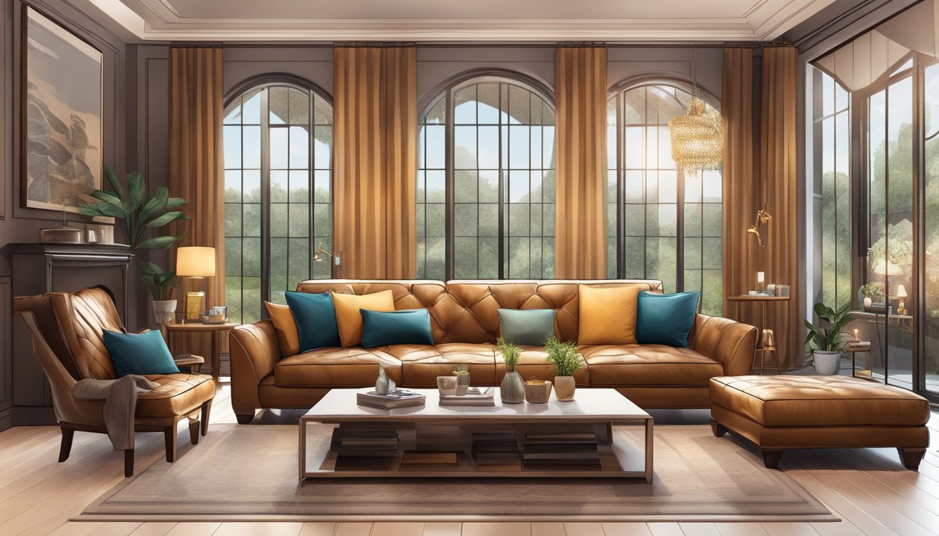 A cozy living room with a luxurious leather sofa as the focal point, surrounded by elegant decor and soft lighting