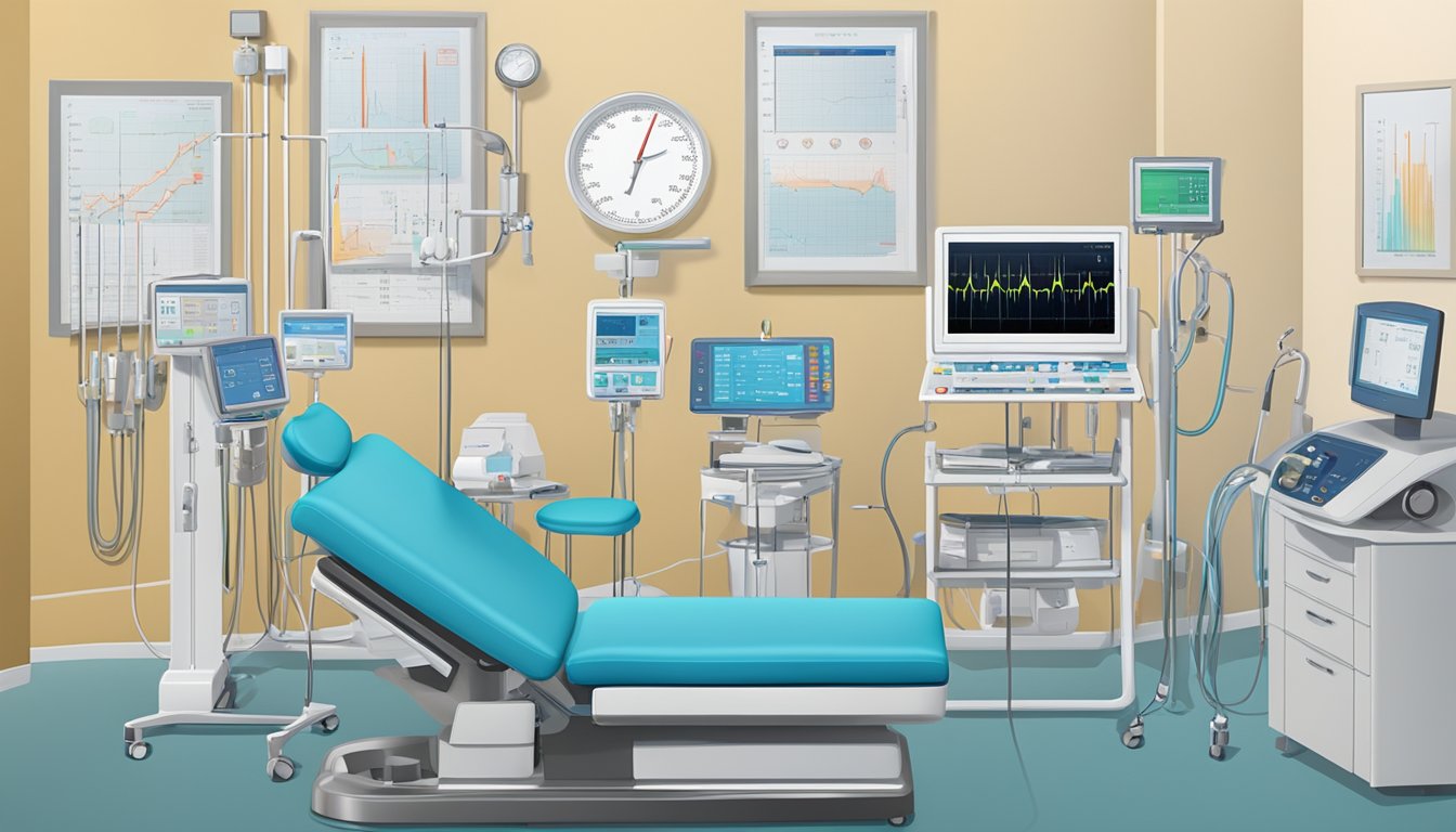 A clinical setting with medical equipment displaying high heart rate readings