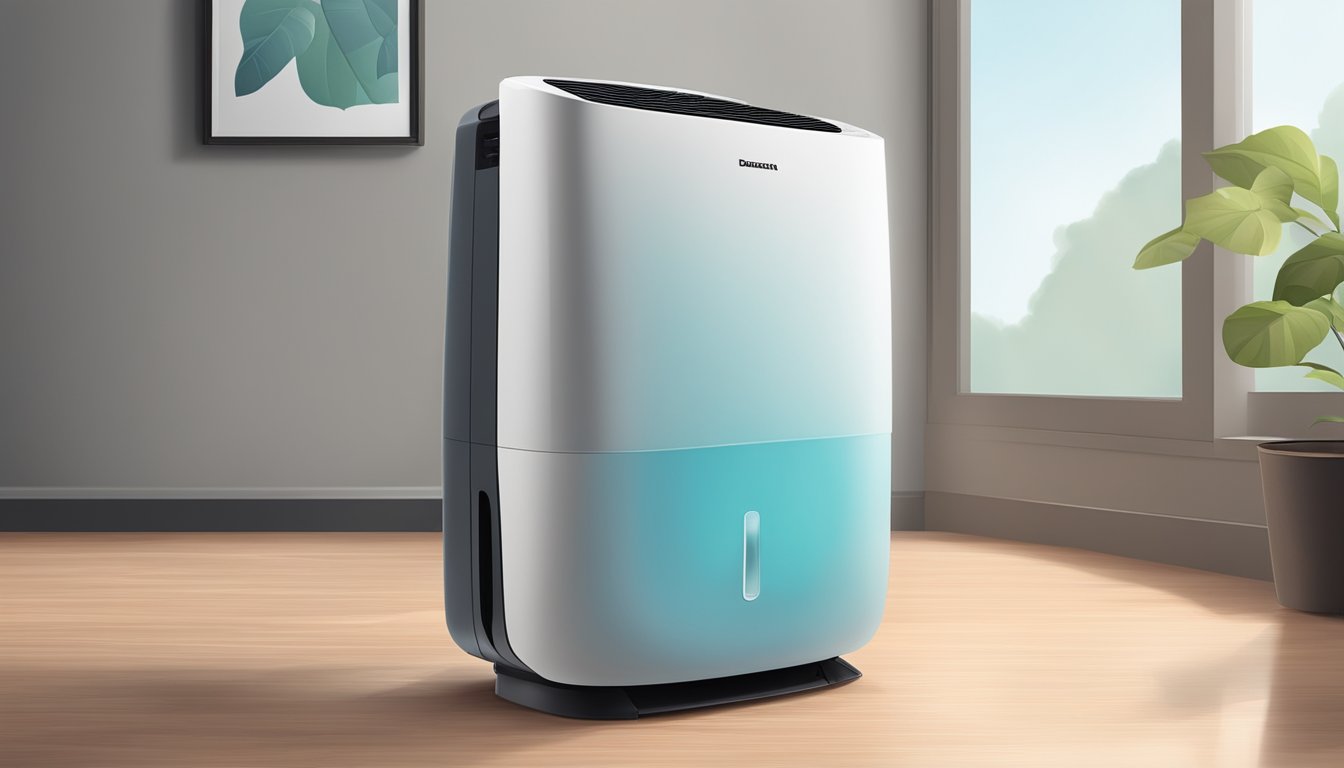 A dehumidifier sits in a corner, drawing moisture from the air. The room feels cooler as the device works to reduce humidity levels