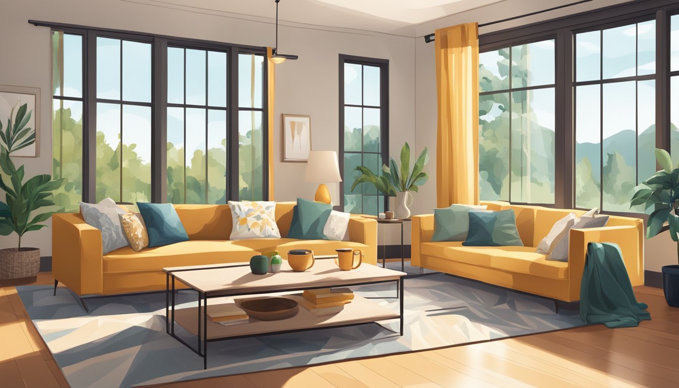 A cozy living room with a modern sofa set, soft throw pillows, and a stylish coffee table. Bright natural light streaming in through large windows, creating a warm and inviting atmosphere