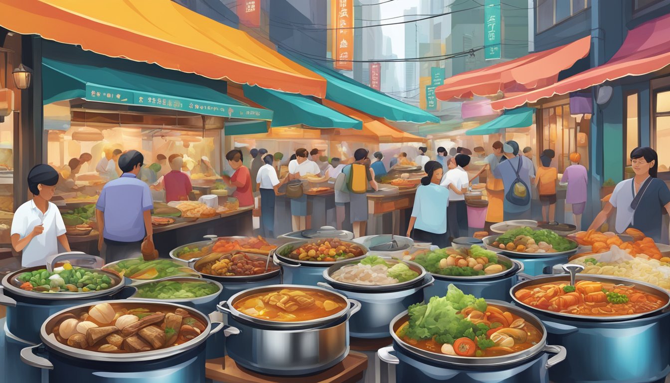 A colorful array of slow cookers simmering with aromatic dishes, surrounded by bustling markets and vibrant street scenes in Singapore