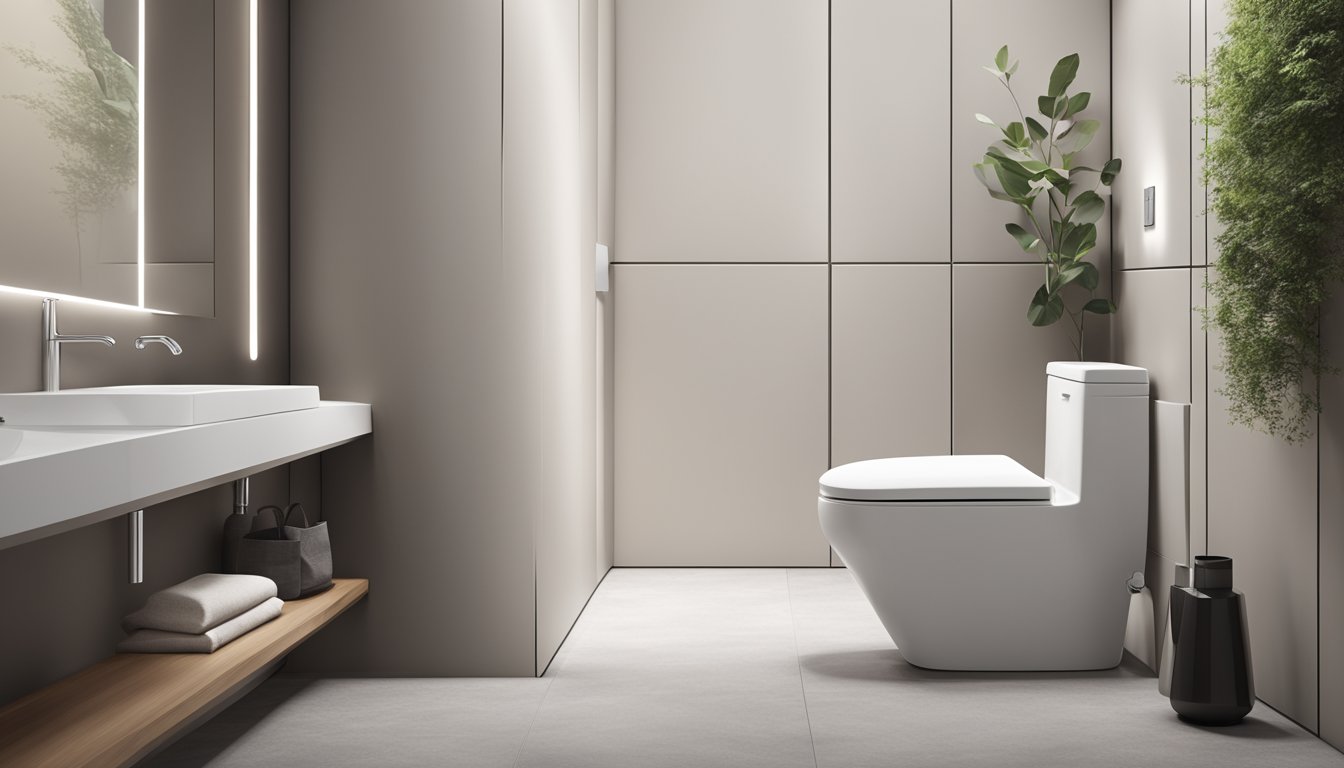 A modern toilet with sleek fixtures and neutral tones. Wall-mounted toilet, clean lines, and minimalistic accessories