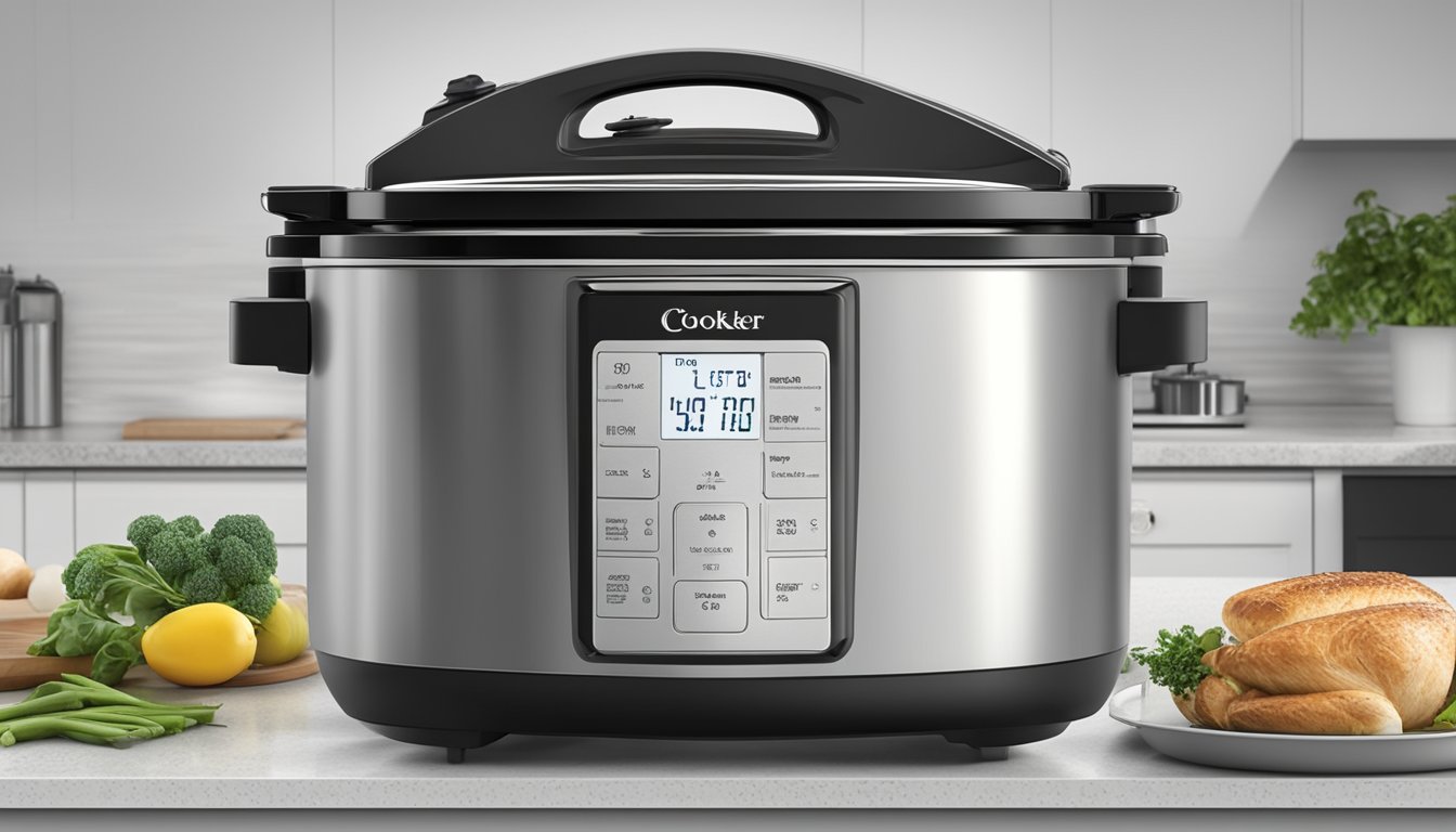 A modern kitchen with a sleek, stainless steel slow cooker on a granite countertop. The cooker's digital display and programmable settings are highlighted, showcasing its advanced features