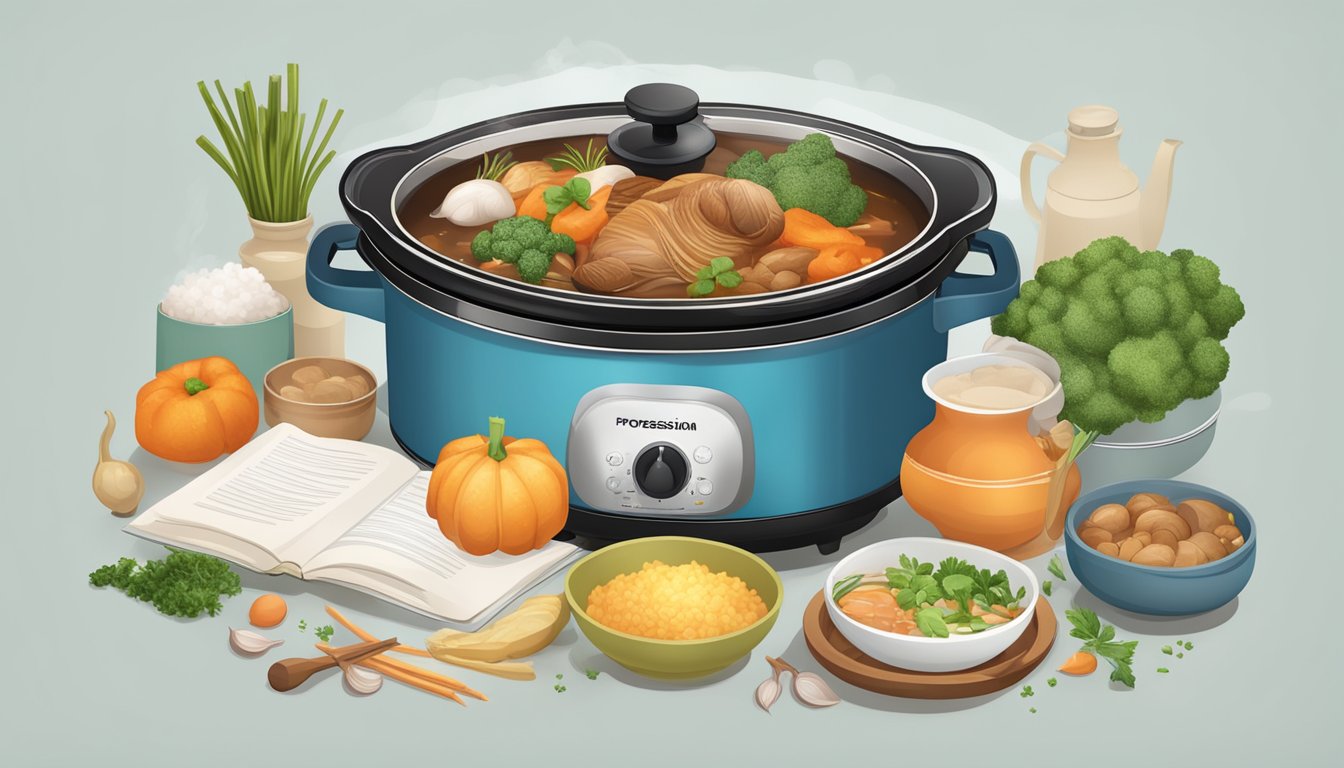 A slow cooker surrounded by various ingredients and a recipe book, with steam rising from the pot