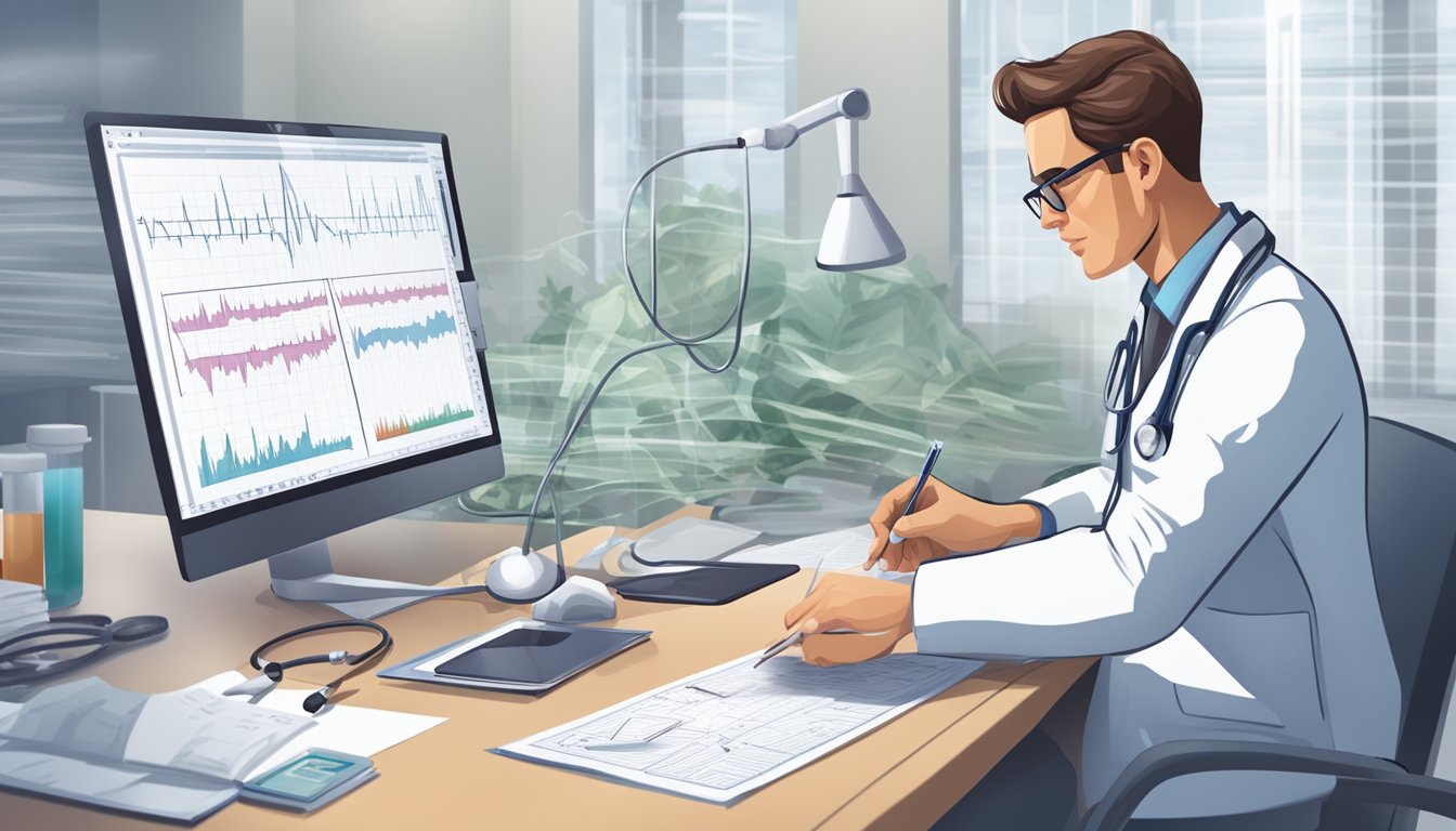 A doctor reviewing EKG results, consulting medical charts, and adjusting medication dosage for high heart rate