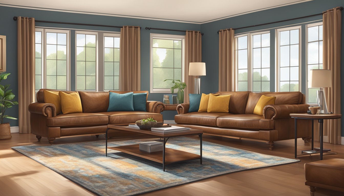 A leather sofa and loveseat sit in a spacious living room, bathed in warm natural light from a large window