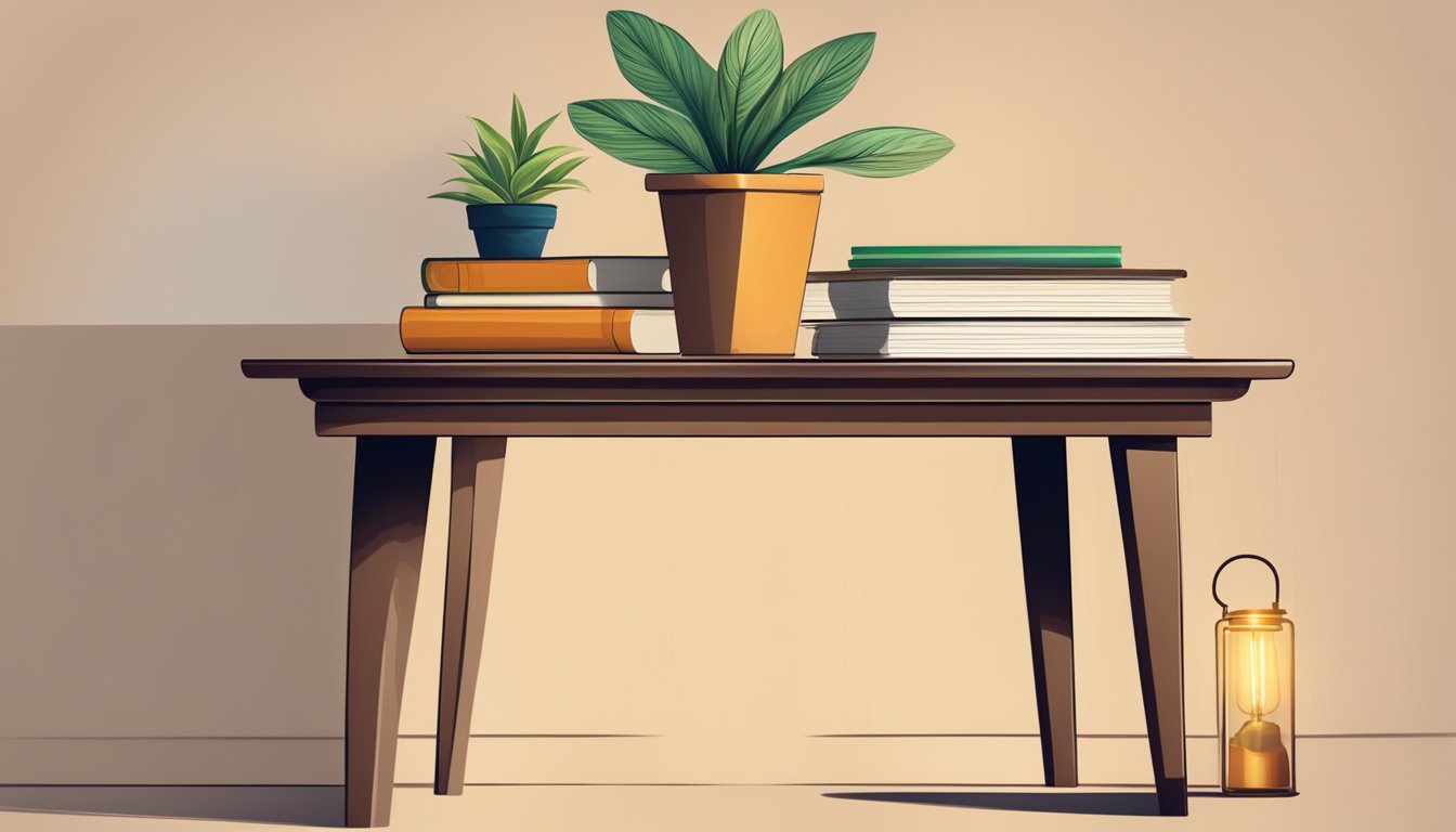 A wooden side table with a smooth, polished surface, adorned with a small potted plant and a stack of books. A lamp casts a warm glow on the table, creating a cozy atmosphere