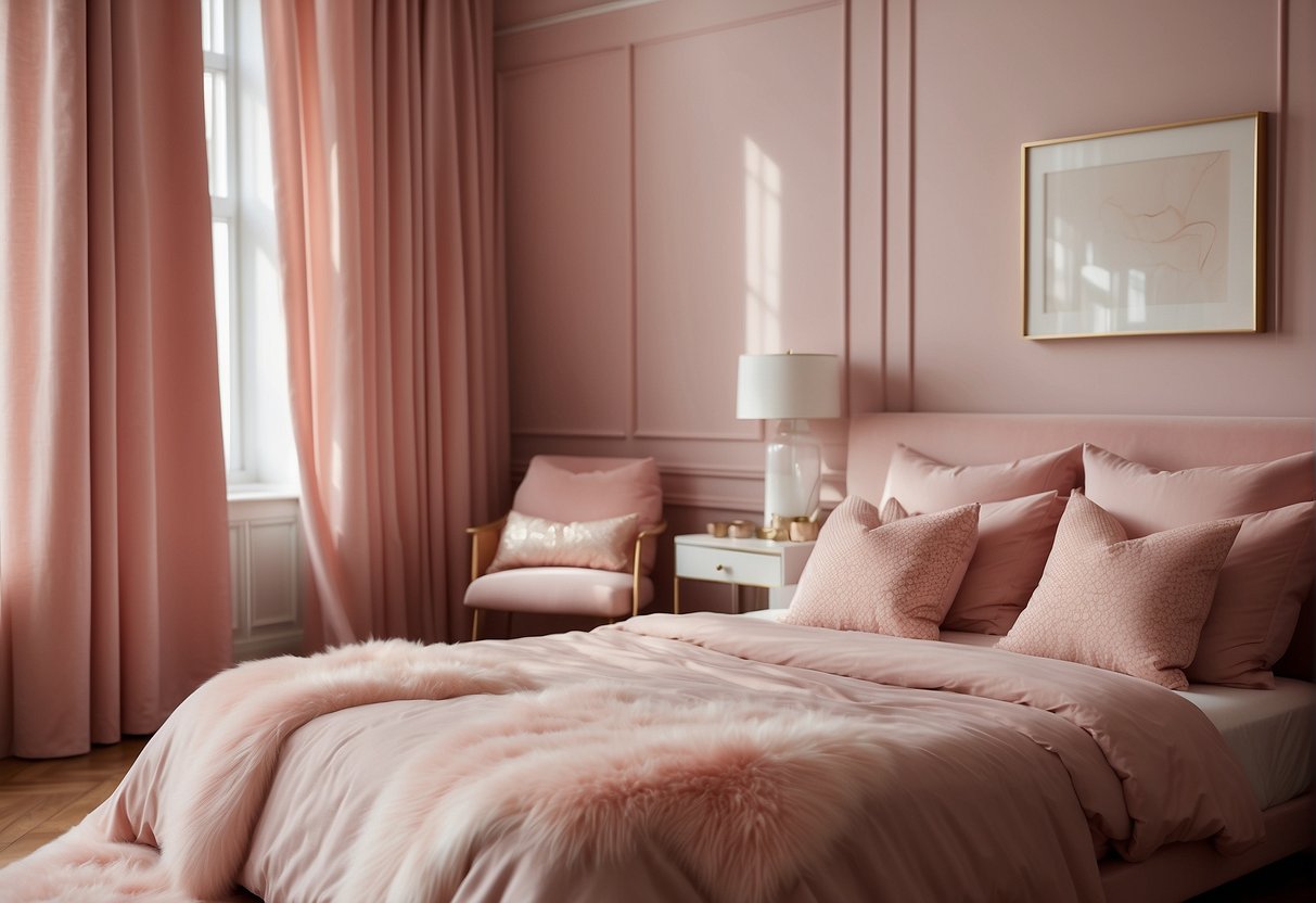 A cozy pink bedroom with soft, blush-colored walls, a fluffy pink rug, and delicate pink curtains. A plush pink bedspread and matching throw pillows complete the harmonious, feminine look