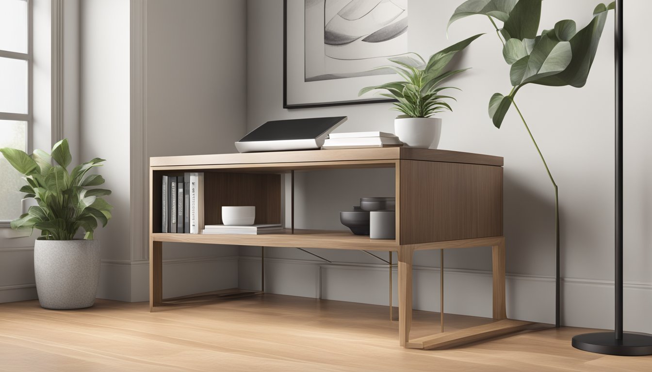 A wooden side table with a sleek, modern design, featuring clean lines and a smooth, polished finish