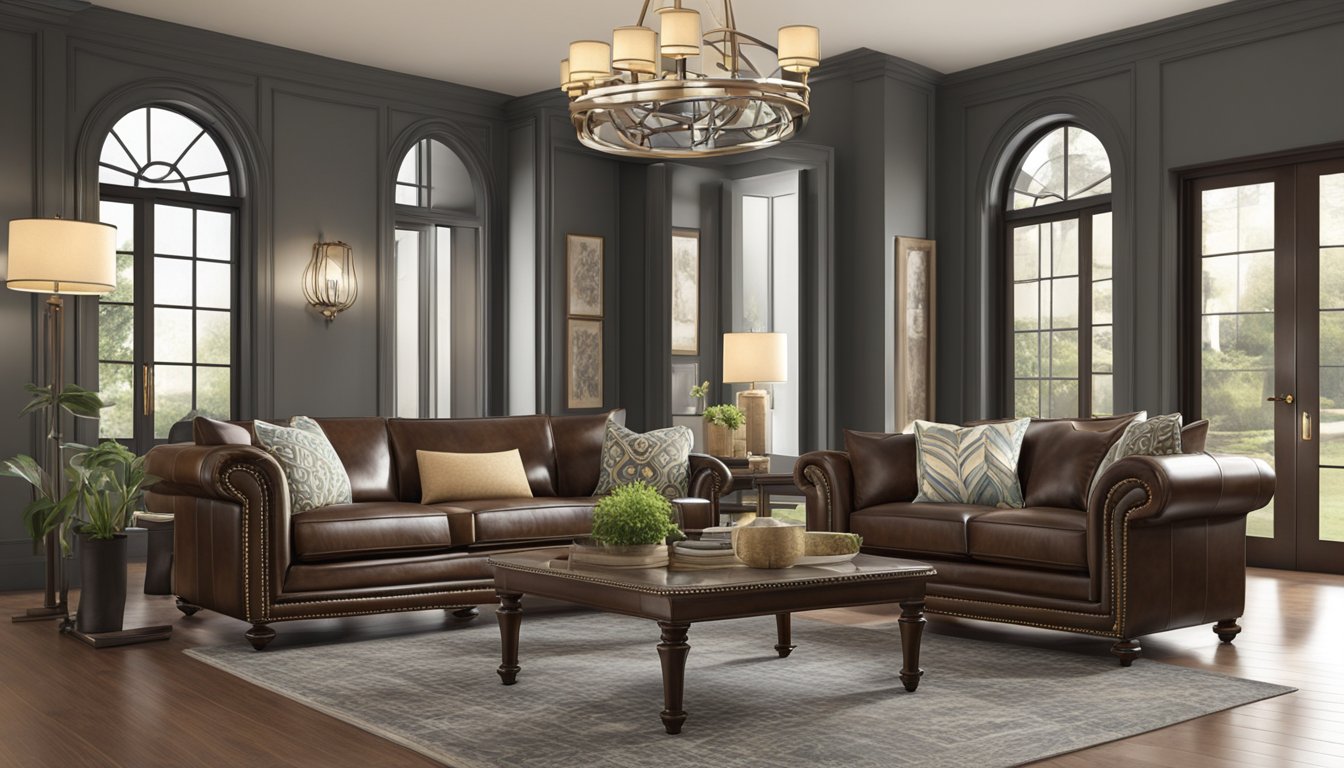 A leather sofa and loveseat sit in a well-lit living room, exuding elegance and sophistication. The smooth, rich leather invites you to sink into their luxurious comfort