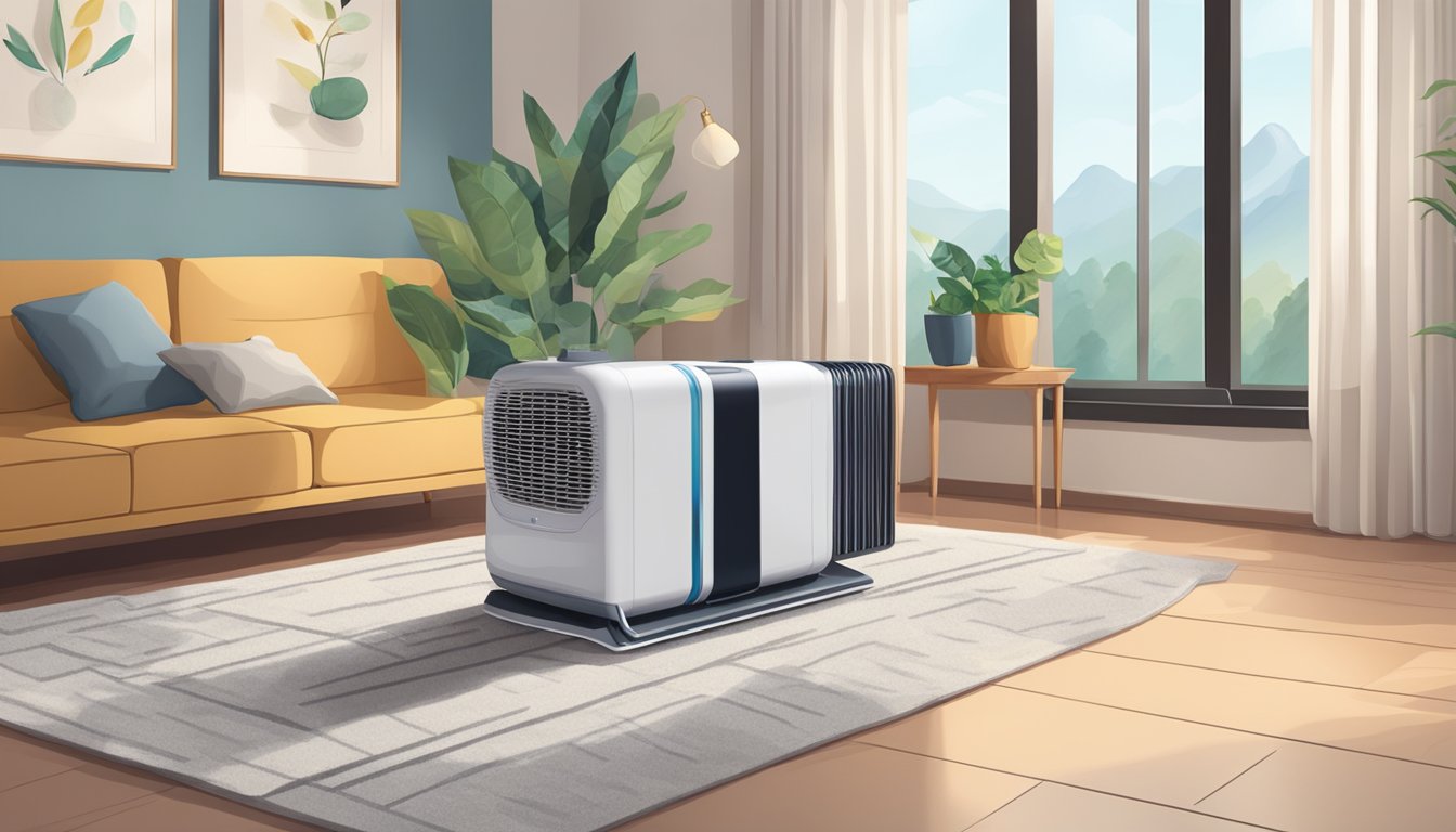 A dehumidifier sits in a cozy living room, quietly removing excess moisture from the air, creating a comfortable and pleasant environment