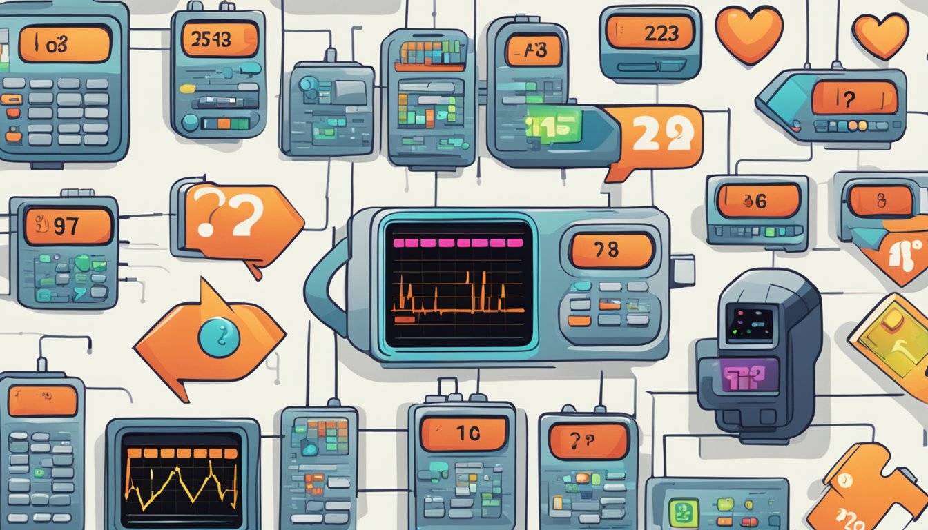 A heart rate monitor displaying elevated numbers, surrounded by question marks and puzzled expressions
