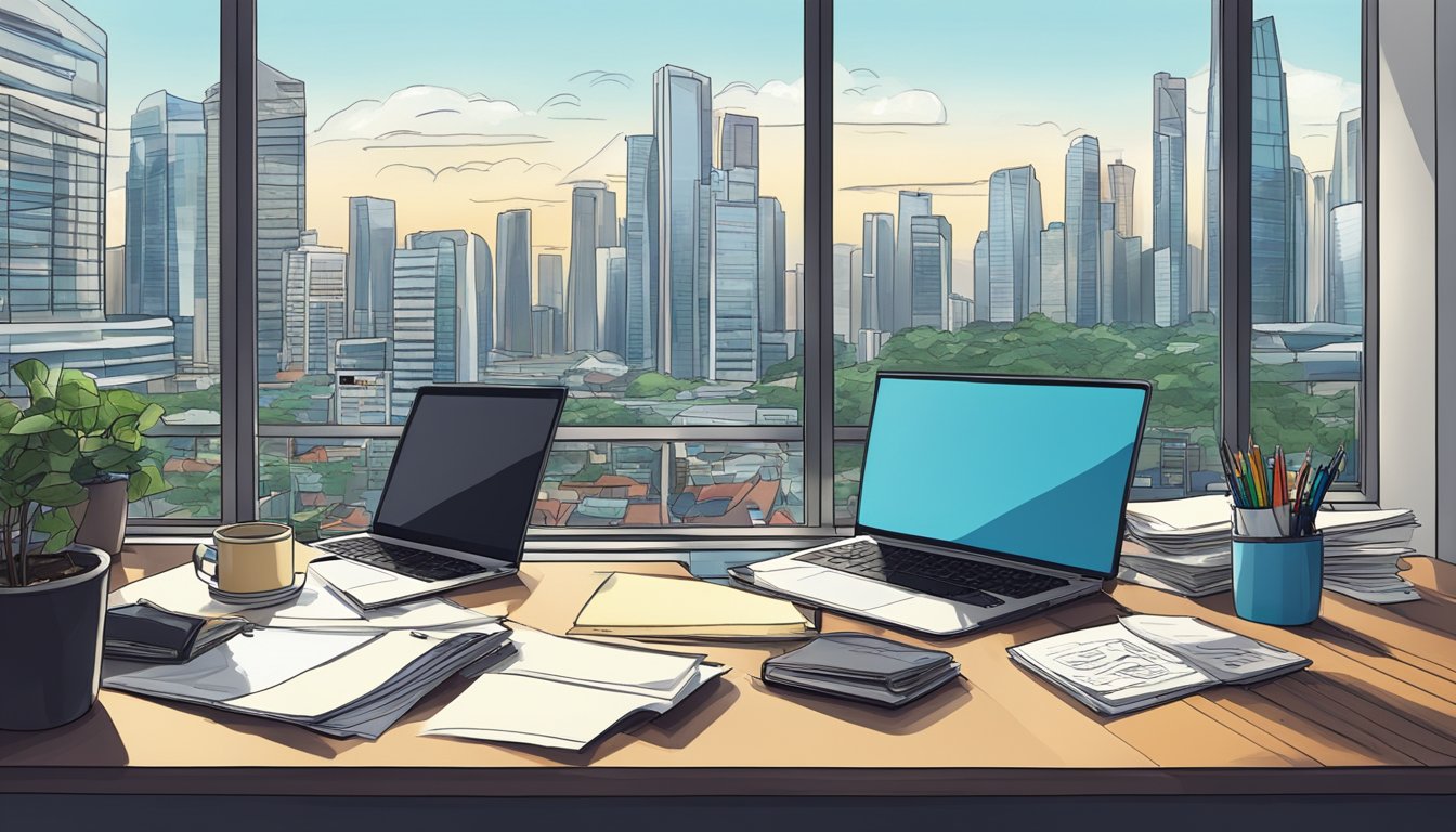 A cluttered work desk in Singapore with a laptop, papers, pens, and a view of the city skyline through a window