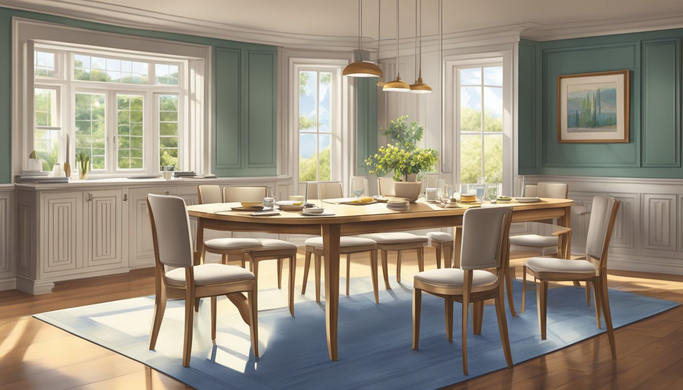 An extendable table surrounded by empty chairs in a sunlit room