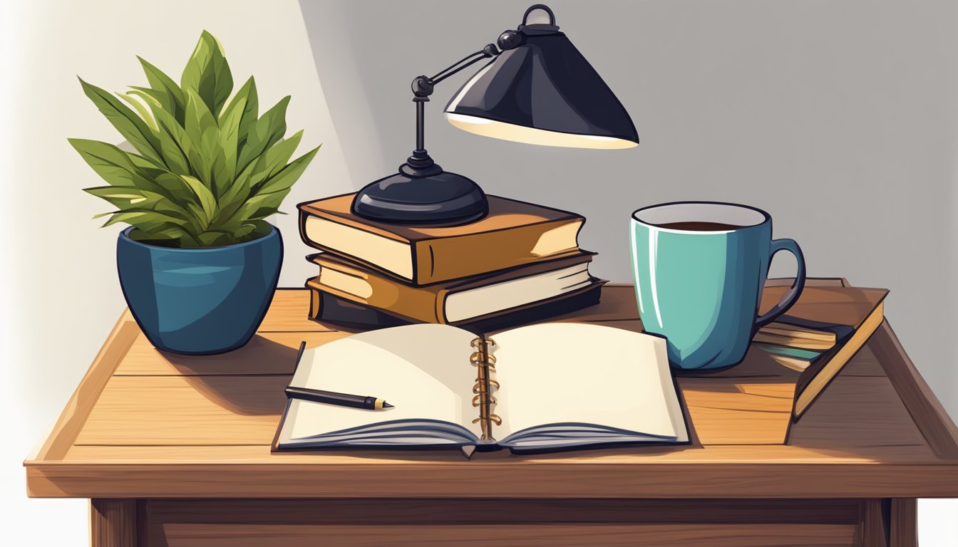 A wooden side table with a stack of books, a potted plant, and a lamp on top. A small tray holds a mug and a notepad