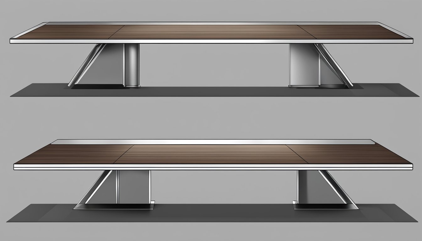 A sleek, modern extendable table made of dark wood and metal, with clean lines and a minimalist design