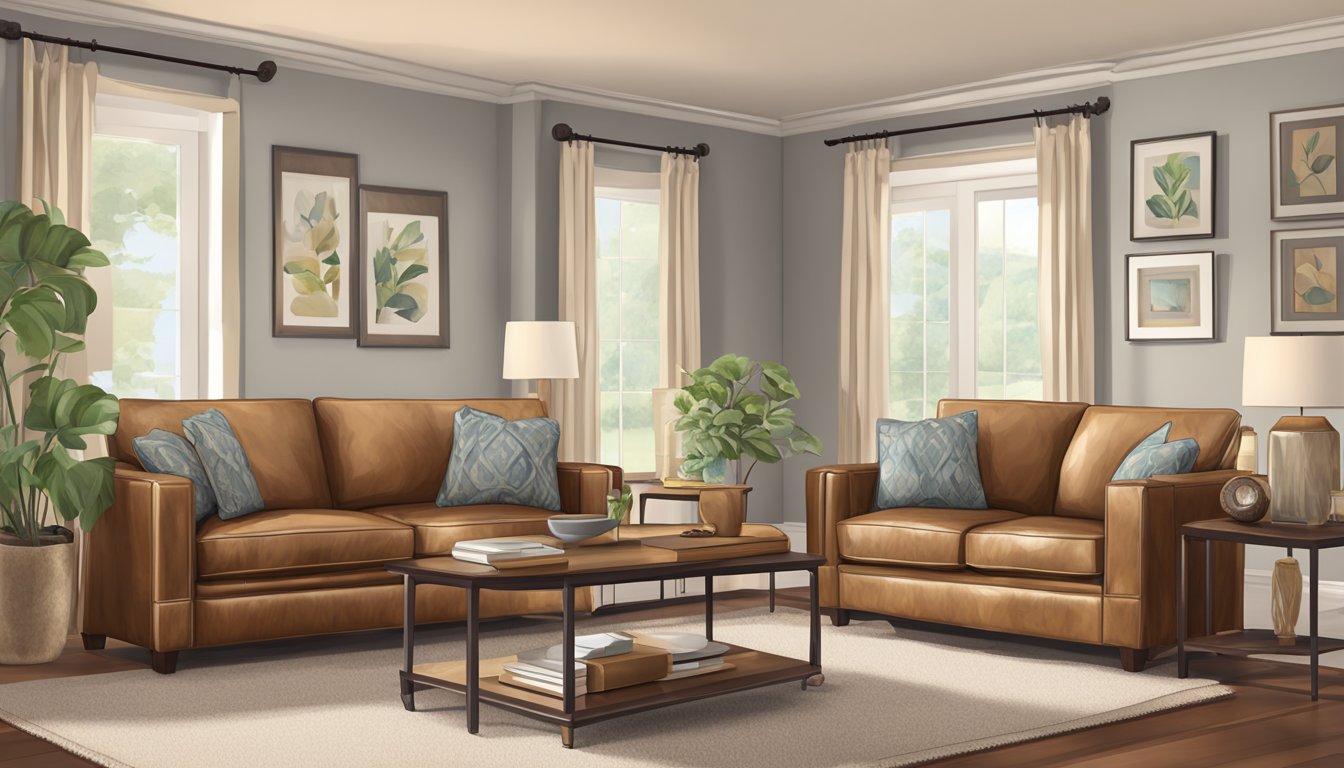 A leather sofa and loveseat placed in a well-lit living room with a coffee table and soft rug. Warm, neutral colors create a cozy atmosphere