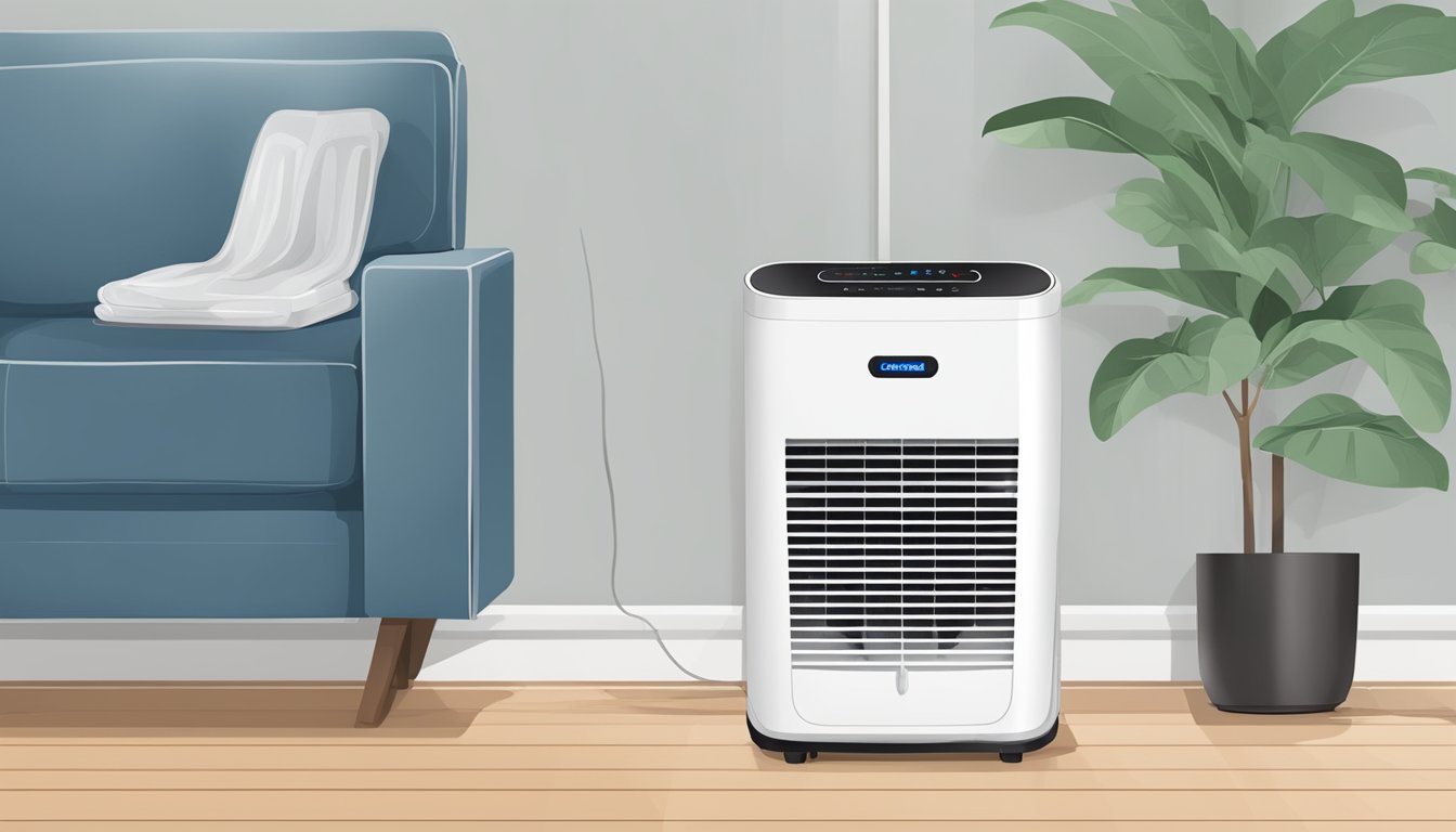 A dehumidifier sits in a room, removing moisture from the air. The room feels cooler and more comfortable as the dehumidifier works
