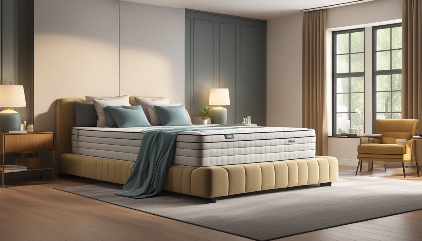 A king-size mattress unfolds to reveal its spacious dimensions, with soft fabric and supportive layers visible. The mattress is shown in a room with warm lighting and inviting surroundings