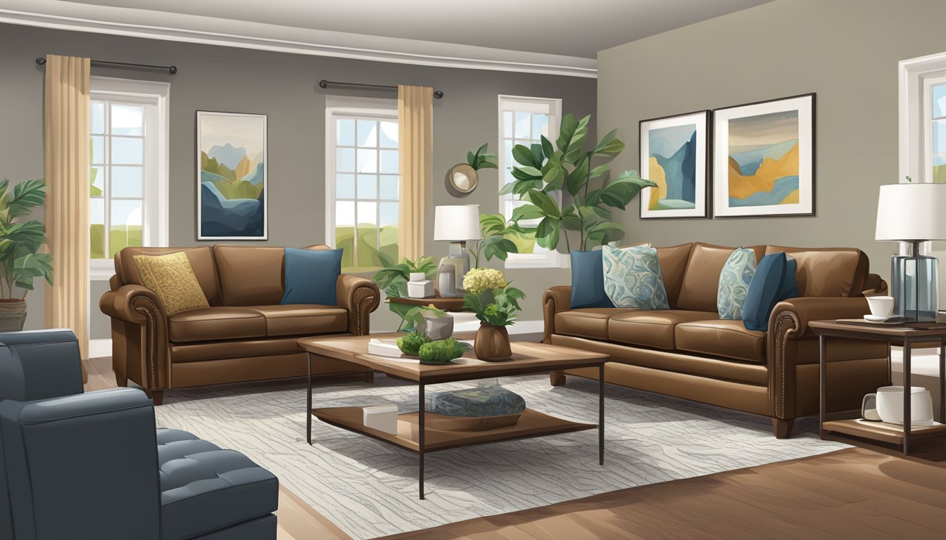 A leather sofa and loveseat are placed in a well-lit room, with a coffee table in between. The room is neat and organized, with a few decorative pillows on the furniture