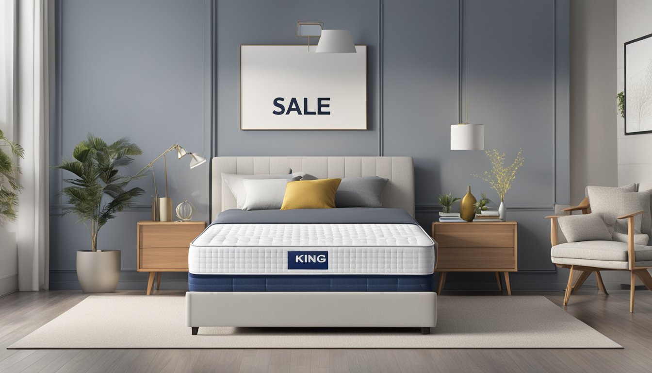 A king single mattress stands out among others, highlighted with a "sale" sign. The mattress is showcased in a well-lit, spacious showroom, with other mattresses in the background