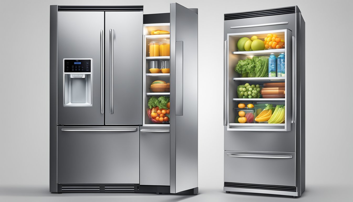 A sleek, modern side-by-side fridge with innovative features like touch screen controls and adjustable shelving