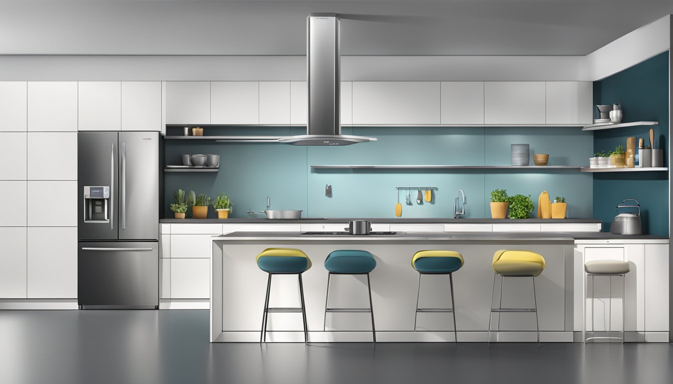 A modern kitchen with stainless steel appliances. A sleek, spacious fridge stands out, with a digital display showing various temperature settings