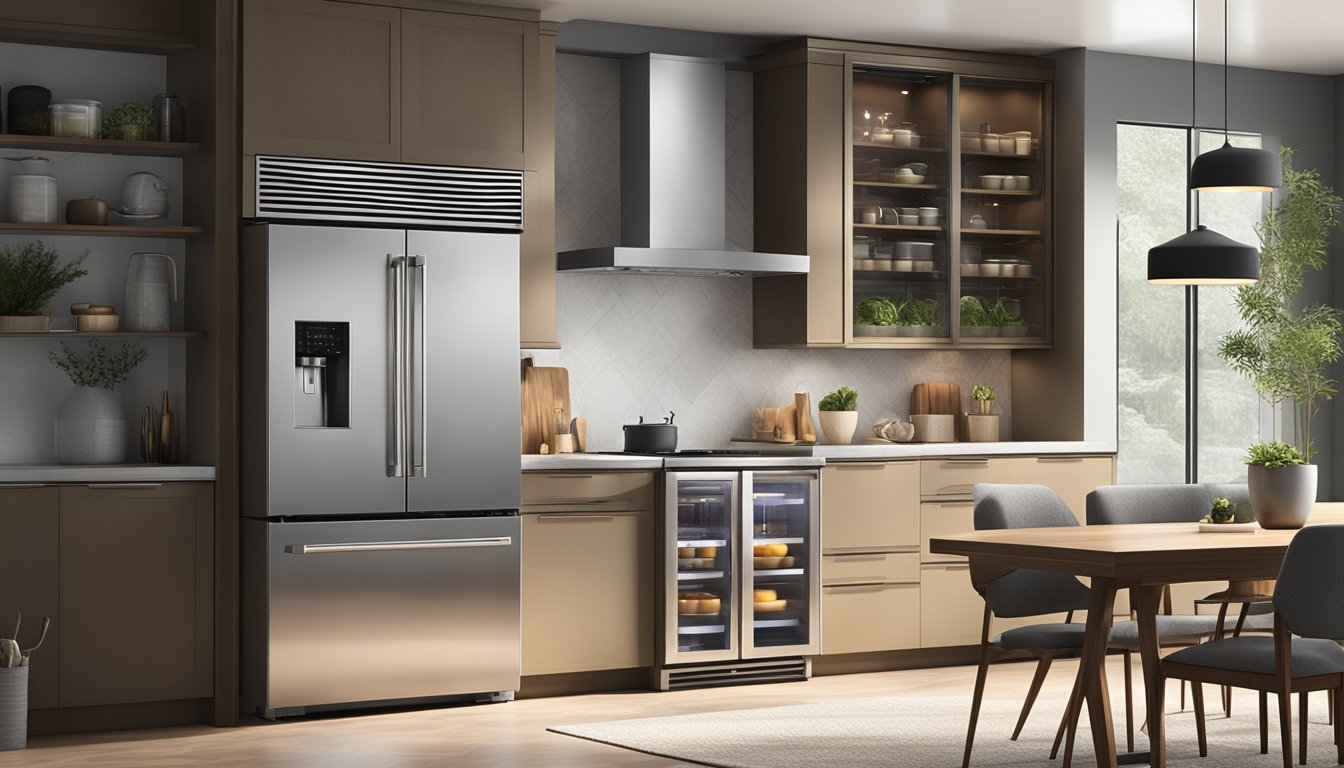 A sleek, modern side-by-side fridge stands in a spacious, well-lit kitchen. Its stainless steel exterior gleams under the warm glow of the overhead lights, while the double doors open to reveal a spacious interior with adjustable shelves and compartments