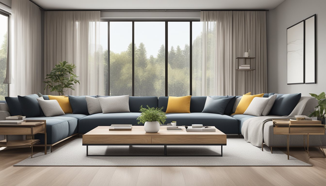 A cozy living room with two modern, minimalist coffee tables, featuring sleek lines and a mix of materials like wood and metal