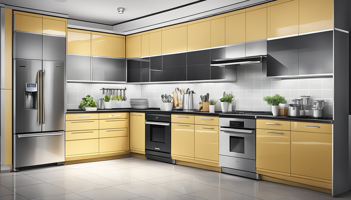 A sleek, modern kitchen with a row of top-rated dishwashers on display. Bright lighting and clean countertops highlight the latest models available in the Singapore market