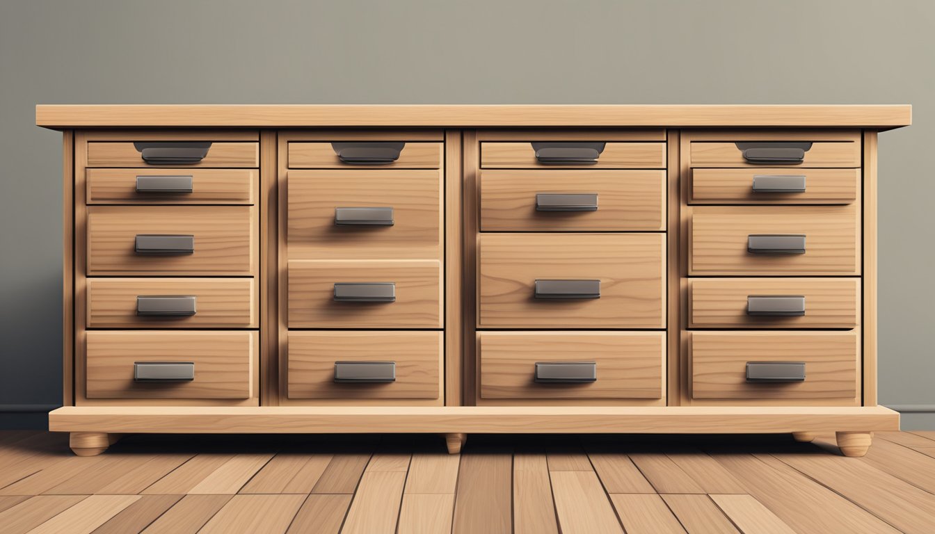 A wooden table with multiple drawers, each with different handles and sizes, sits against a plain background