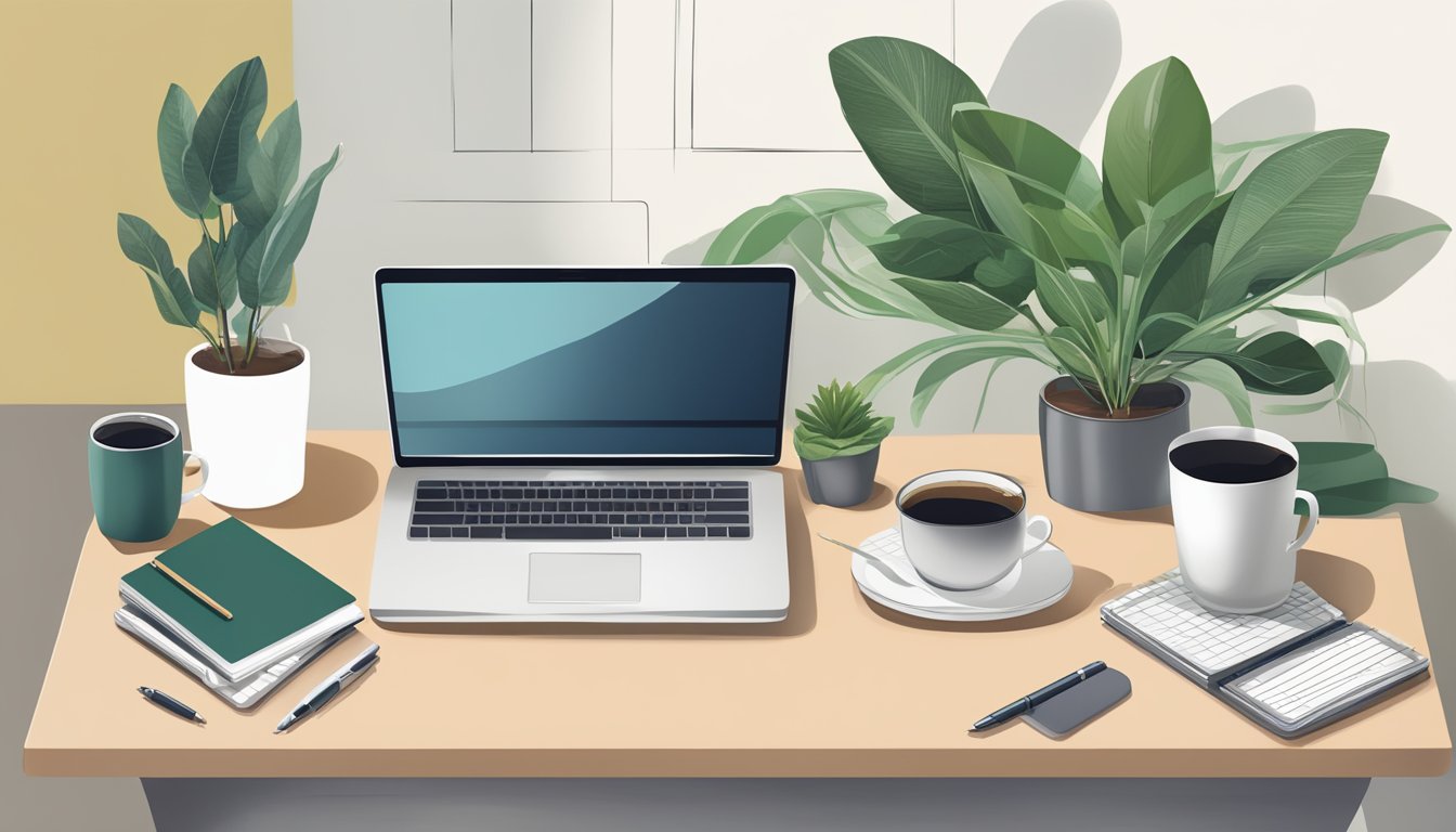 A clutter-free work desk with a sleek laptop, notepads, and a mug of coffee. A plant adds a touch of greenery, while a desk organizer keeps everything tidy