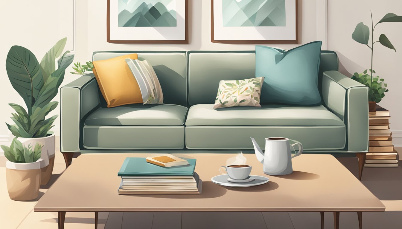Two small coffee tables are placed next to a cozy sofa. One table holds a stack of books and a mug, while the other has a decorative plant