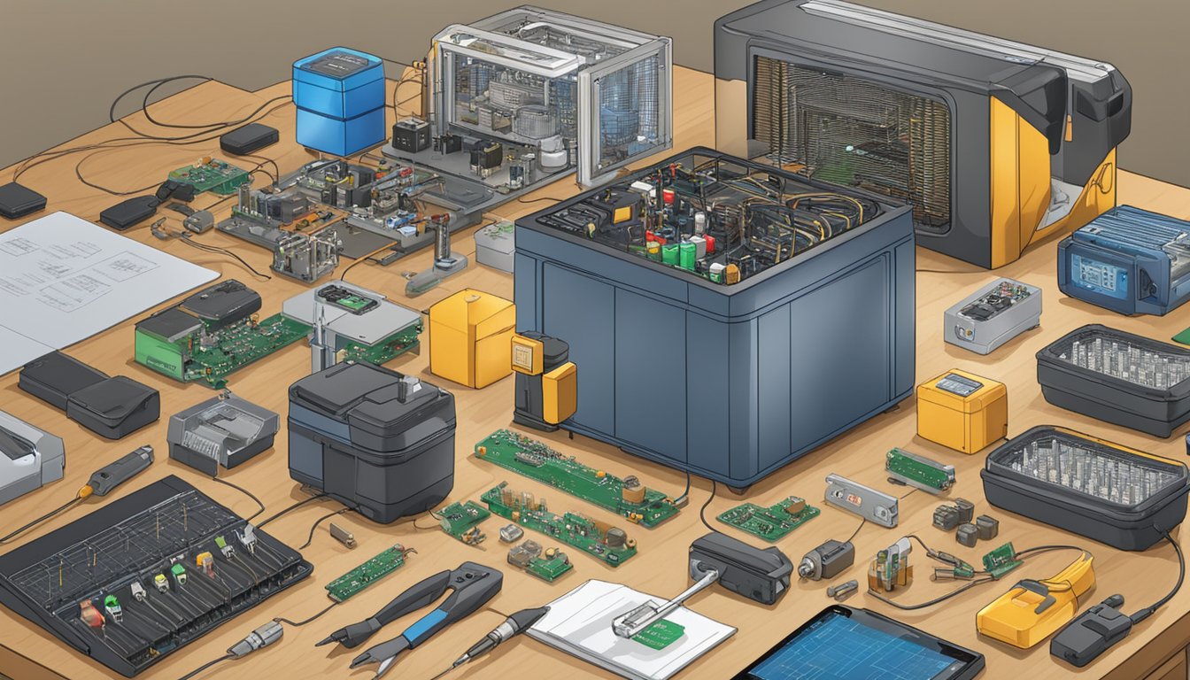 A fan capacitor sits on a workbench, surrounded by various tools and electronic components. The capacitor is labeled with "Frequently Asked Questions" in bold letters