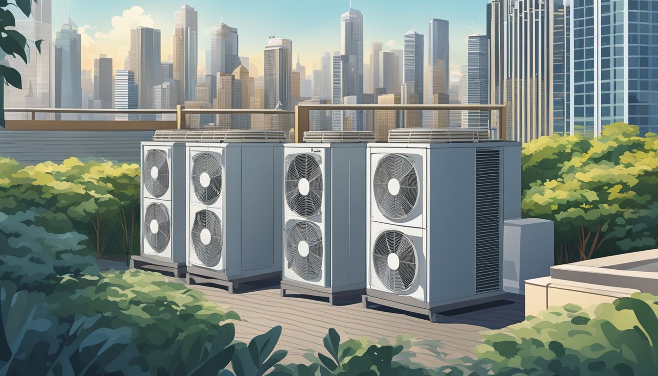 The air conditioners hummed loudly, their cool breeze providing relief from the sweltering heat. The metal units stood tall against the backdrop of the city skyline, their blades spinning rhythmically