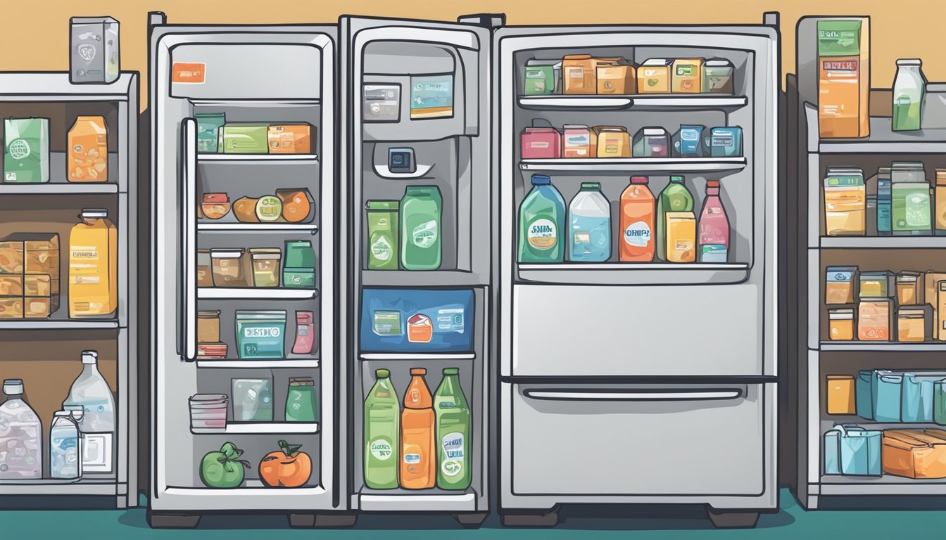 A refrigerator with a "Frequently Asked Questions" sticker on the front, surrounded by various price tags and labels