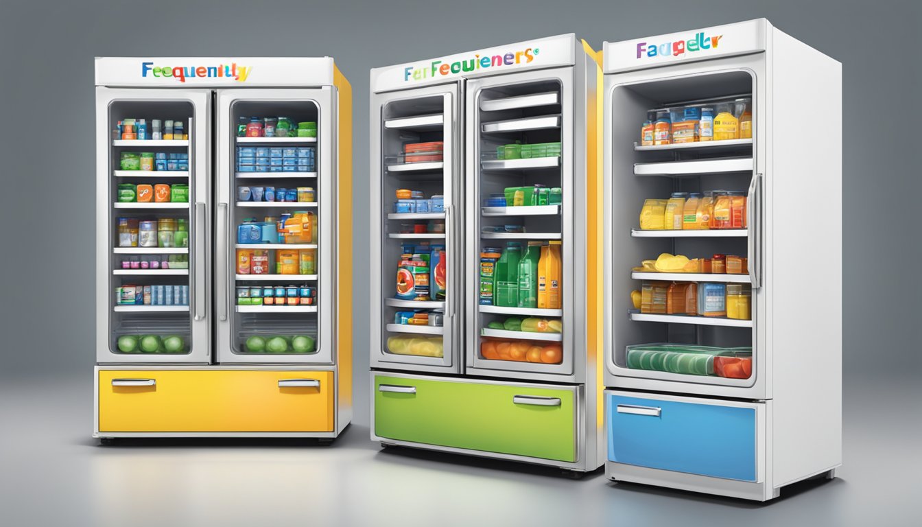 Two side-by-side fridges with "Frequently Asked Questions" displayed on the front