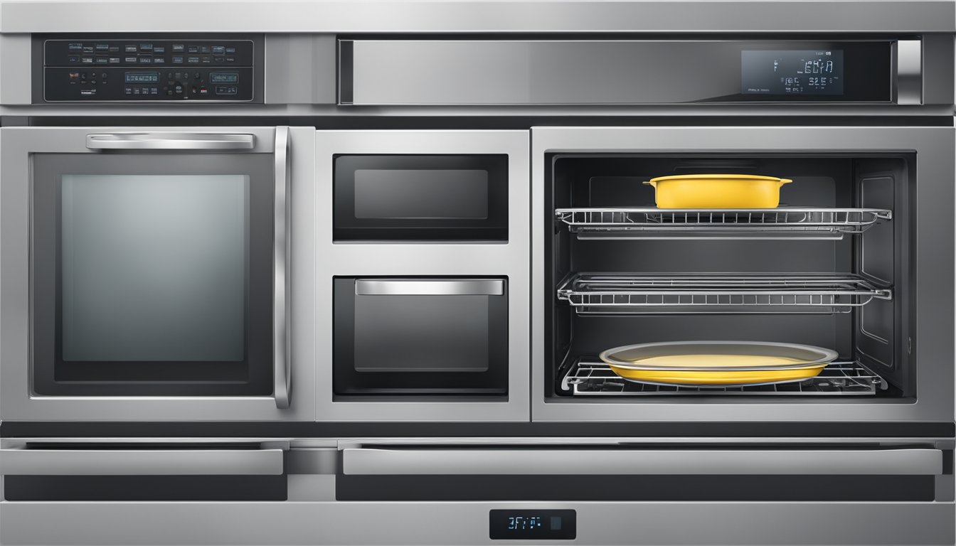 A microwave and oven sit side by side, each with their own digital control panel. The microwave has a rotating plate inside, while the oven has multiple racks and a glass door