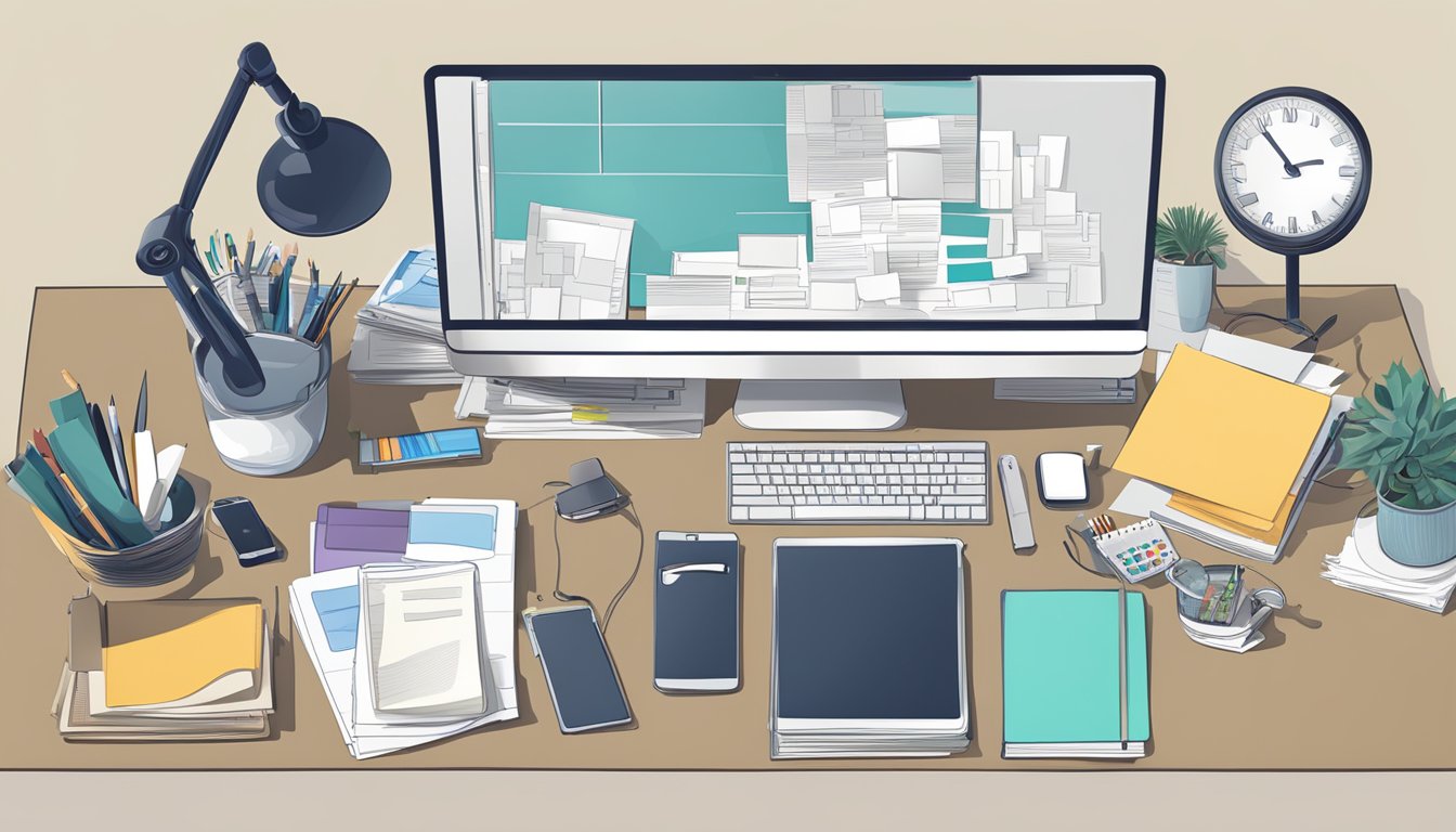 A cluttered work desk in Singapore with a computer, phone, papers, and office supplies