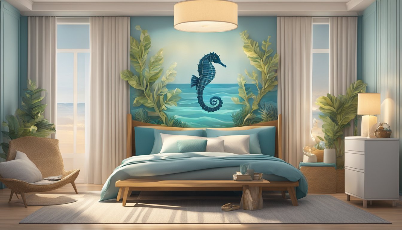 A seahorse-shaped bed frame stands in a cozy bedroom, with soft lighting and ocean-themed decor