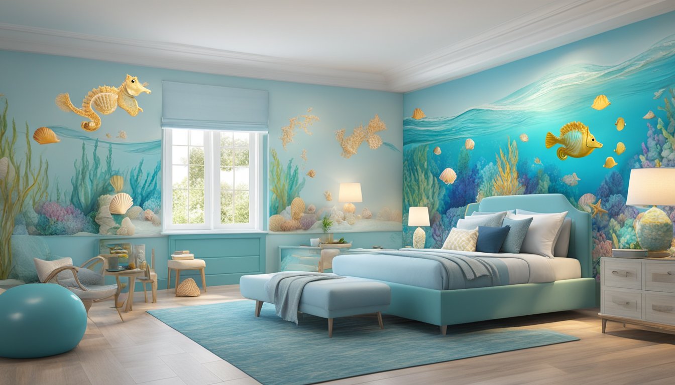 A seahorse-shaped bed frame stands in a bright, ocean-themed bedroom, with waves and seashells adorning the walls