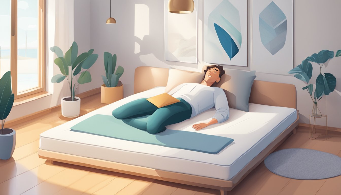 A person lying on a mattress, surrounded by a variety of options, with a satisfied expression on their face. The room is bright and airy, with a minimalist design