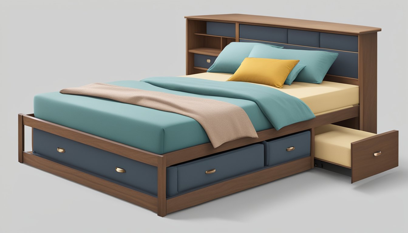 A divan bed with a sturdy wooden frame, upholstered headboard, and built-in storage drawers. The mattress sits snugly on top, while the bedding is neatly arranged