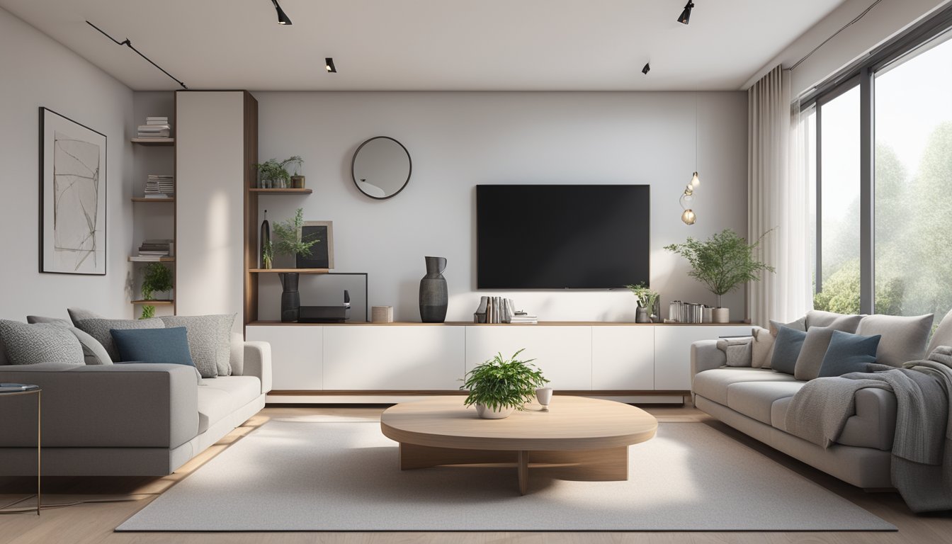 A cozy living room with a modern sofa and a sleek TV stand against a clean, white wall. The stand has ample storage space and a minimalist design, complementing the room's contemporary aesthetic