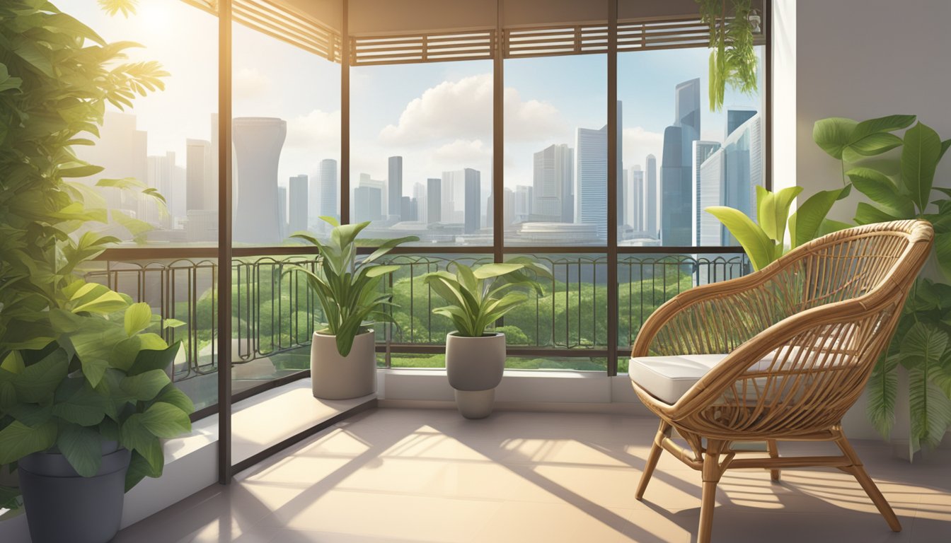A rattan chair sits on a balcony overlooking the city skyline of Singapore. The chair is surrounded by lush green plants and bathed in warm sunlight