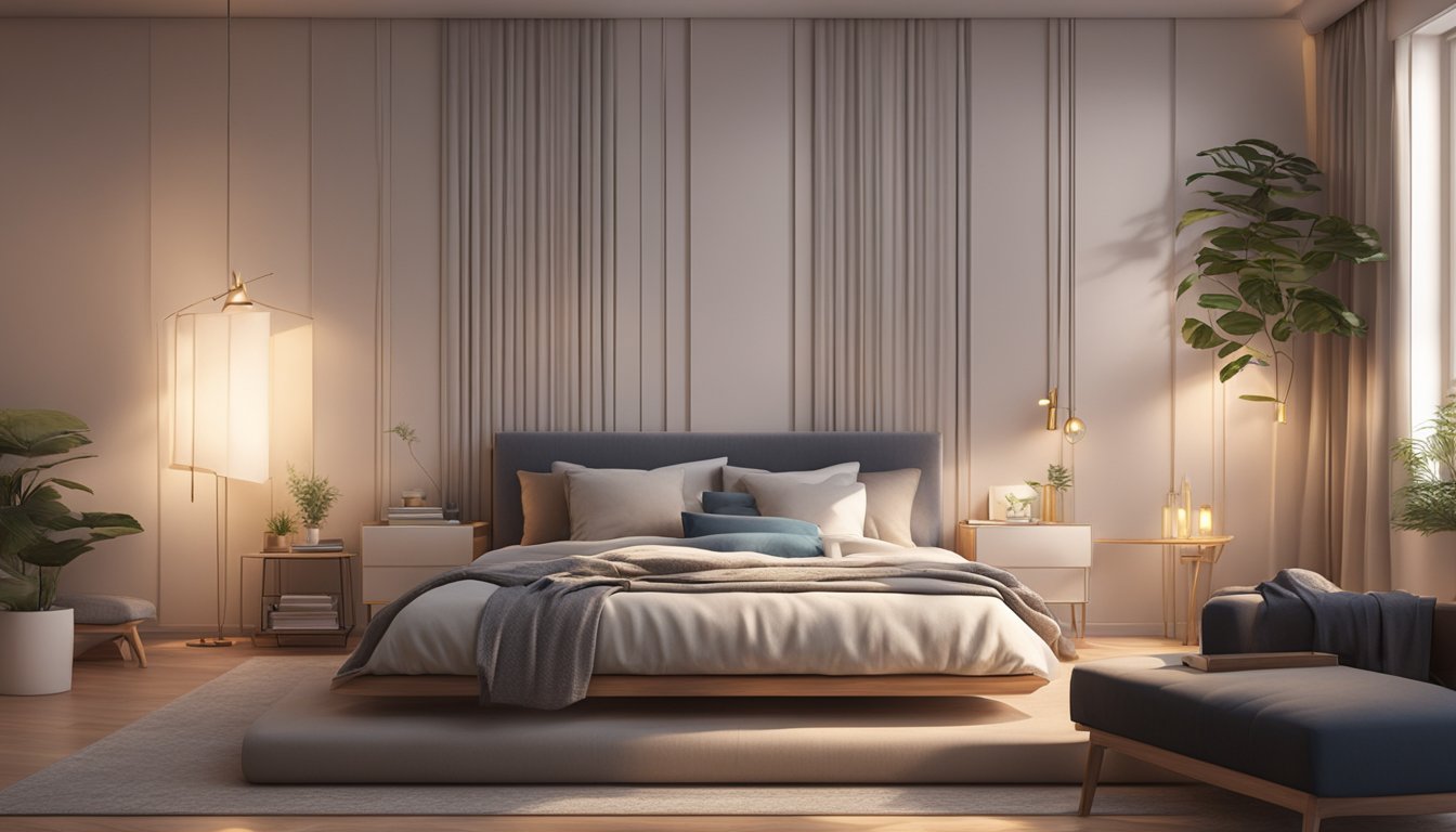 A serene bedroom with a cozy mattress, soft pillows, and dim lighting, creating a peaceful and inviting sleep environment