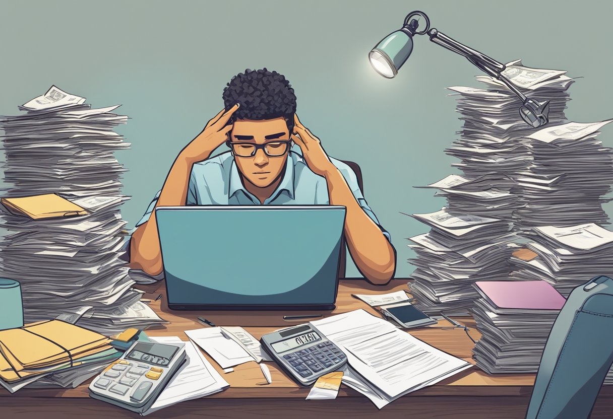 A person sitting at a table with a pile of bills, a calculator, and a laptop. They are surrounded by paperwork and appear stressed