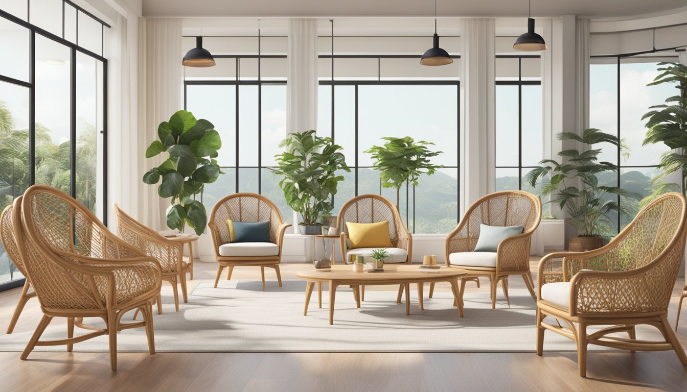 A display of various rattan chairs in a bright, airy showroom in Singapore. Different styles and colors are showcased, with natural light streaming in