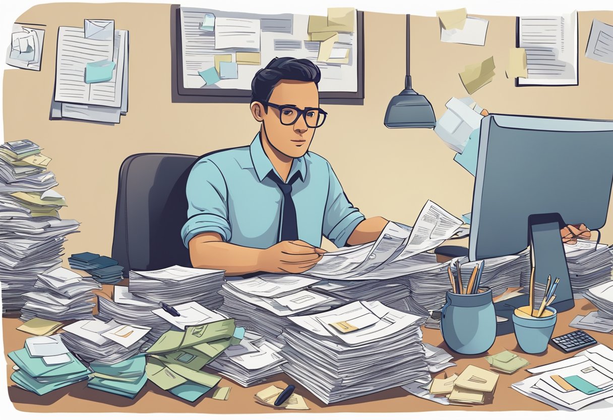 A person sitting at a cluttered desk, surrounded by bills and paperwork. A sense of overwhelm and stress is evident as they try to navigate their debt